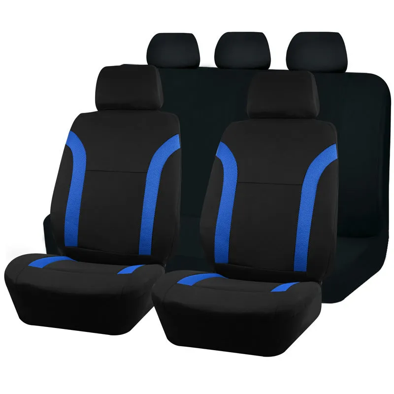 Universal polyester car seat cover set with eyelet stitching in black, blue, grey, or red colour options.