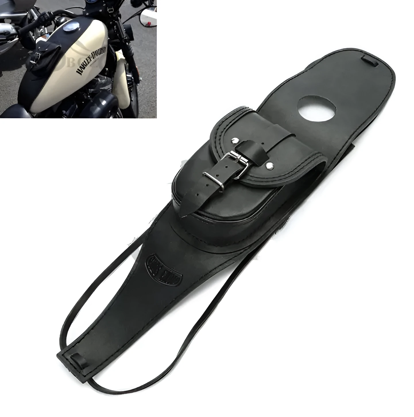 Black PU leather waterproof retro tank bag mounted on Harley Sportster fuel tank with secure straps