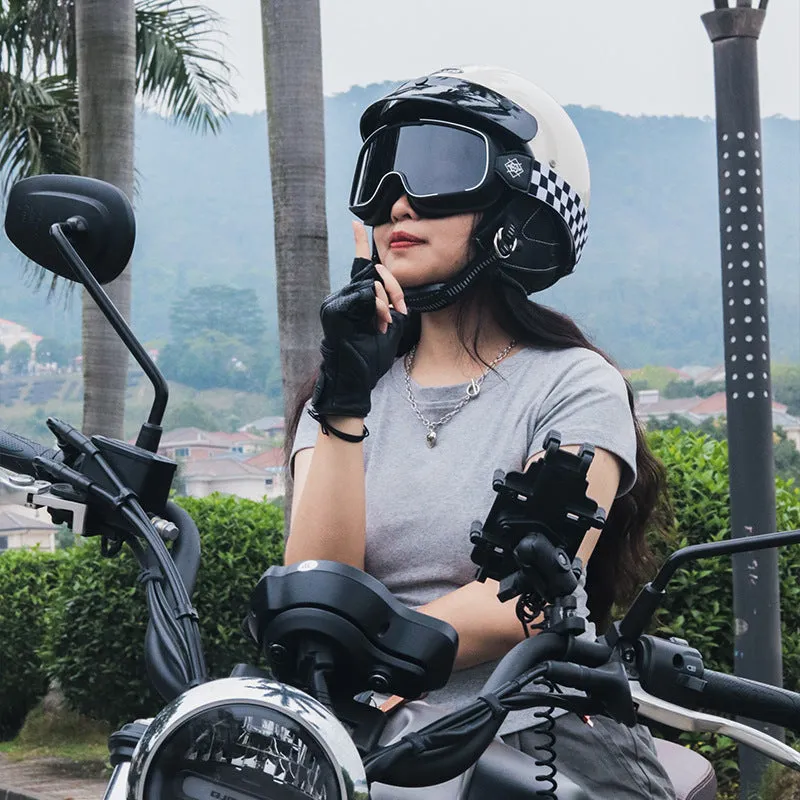 Retro style motorcycle helmet on a solid background, shown in a choice of ivory white, black, or grey.