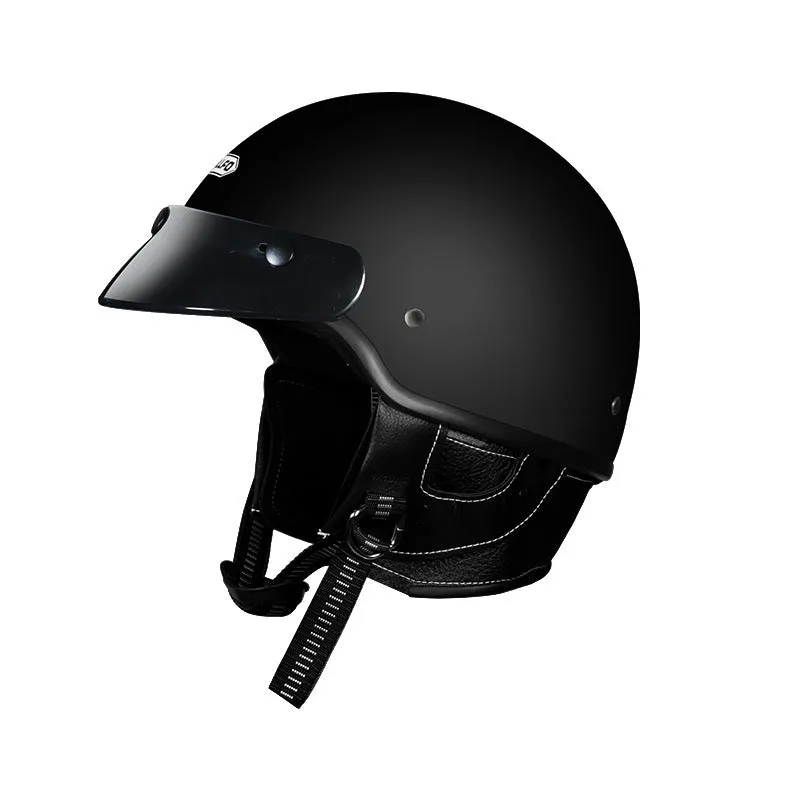 Retro style motorcycle helmet on a solid background, shown in a choice of ivory white, black, or grey.