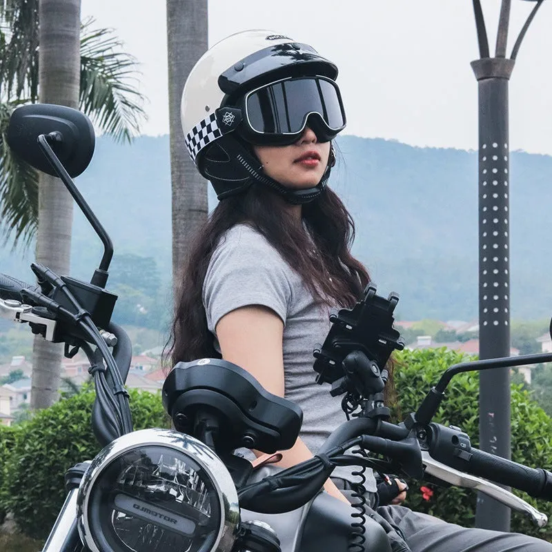 Retro style motorcycle helmet on a solid background, shown in a choice of ivory white, black, or grey.