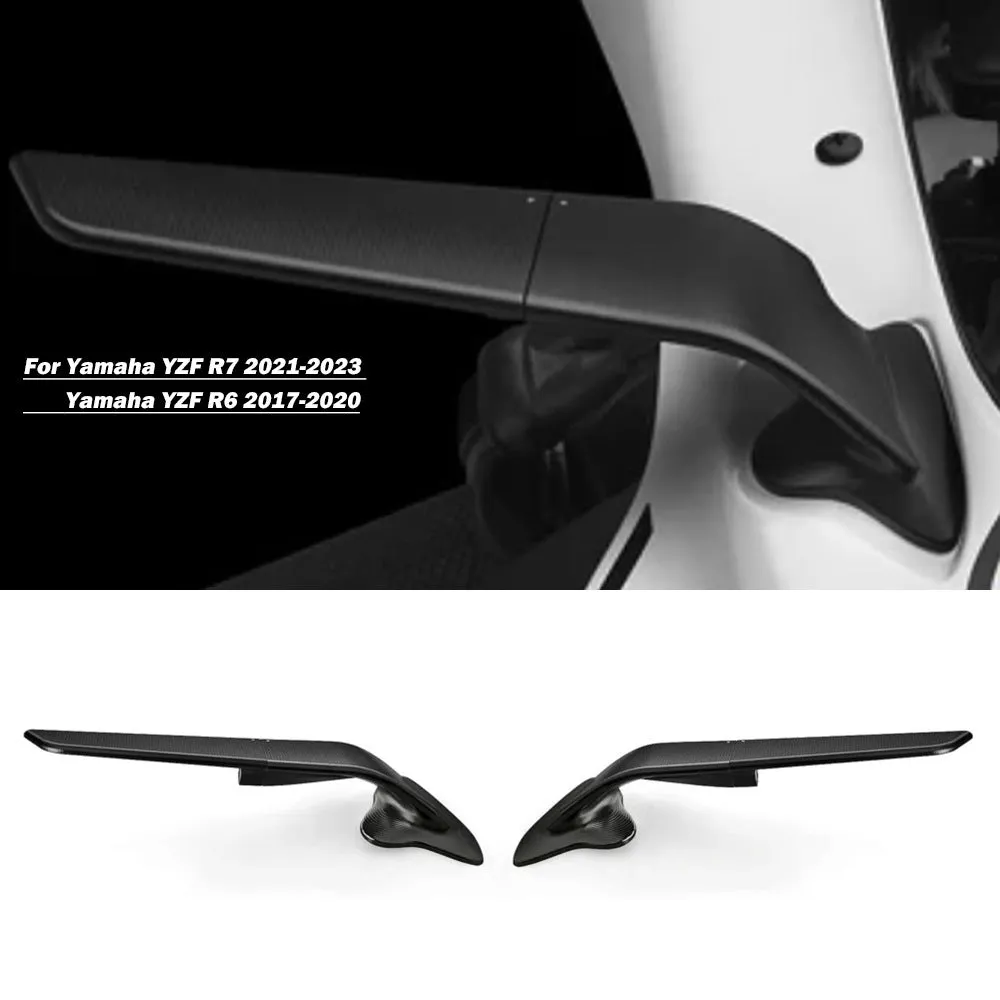 Pair of black CNC aluminium rotating rearview mirrors for Yamaha YZFR6 and R7 motorcycles on white background