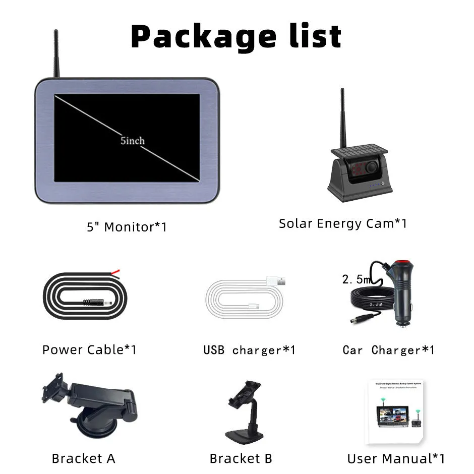 HD wireless solar magnet rearview camera with 5-inch AHD rear view monitor for cars and trucks