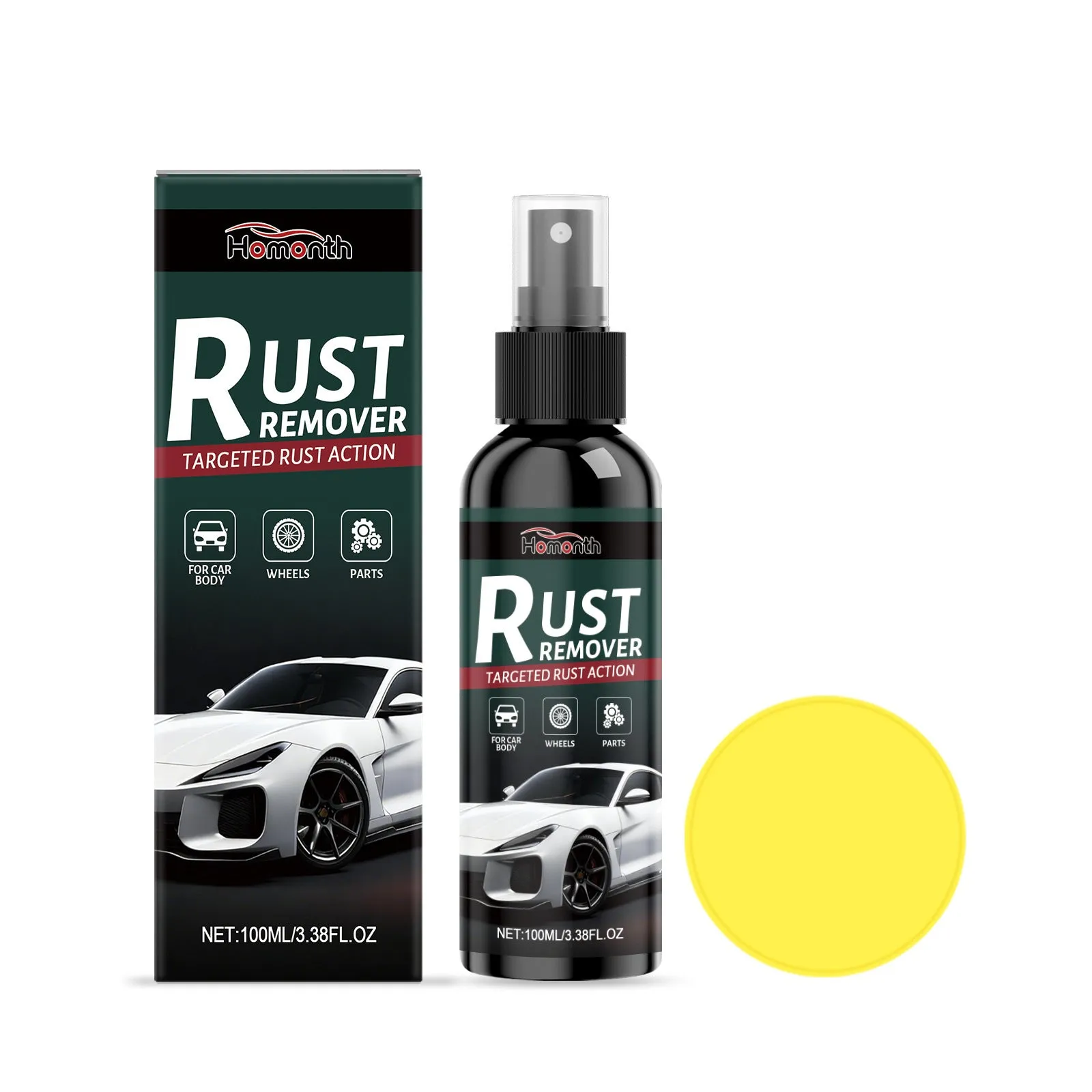 100ml derusting spray bottle with orange liquid and white sponge on grey surface