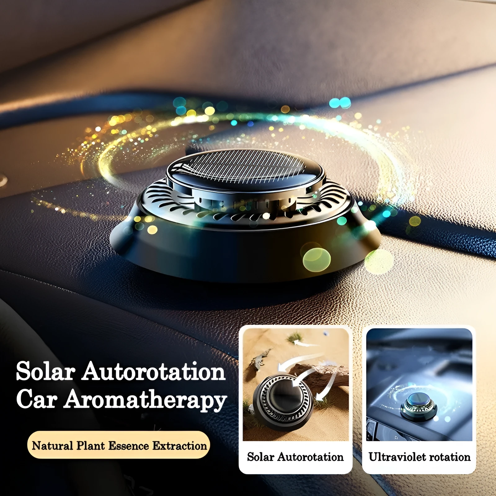 Black solar-powered car air freshener with rotating double rings on car dashboard
