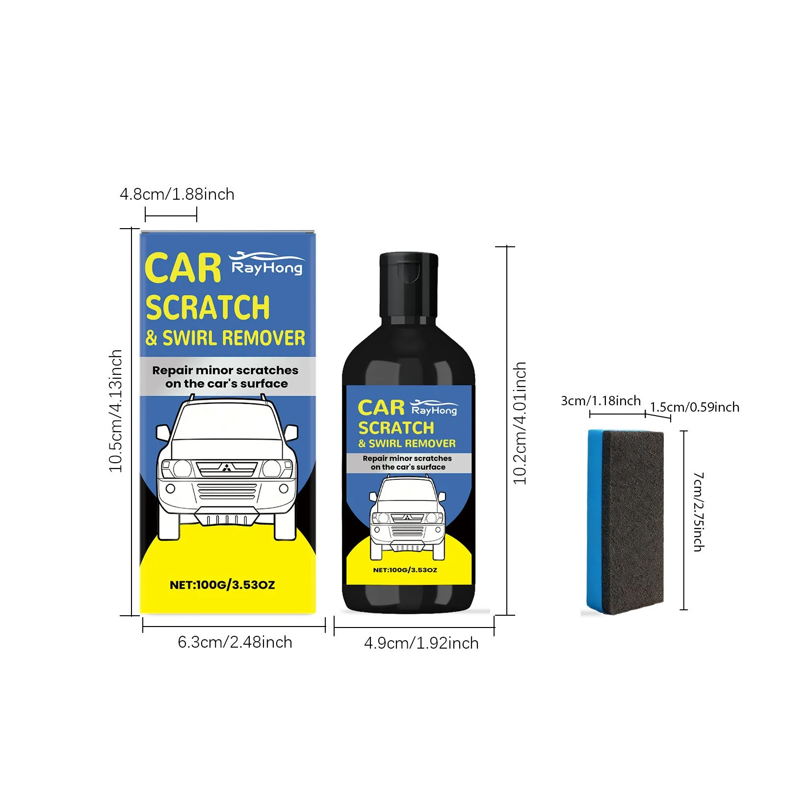 RAYHONG car scratch care package with 100g tube of calcium carbonate swirl remover and sponge applicator