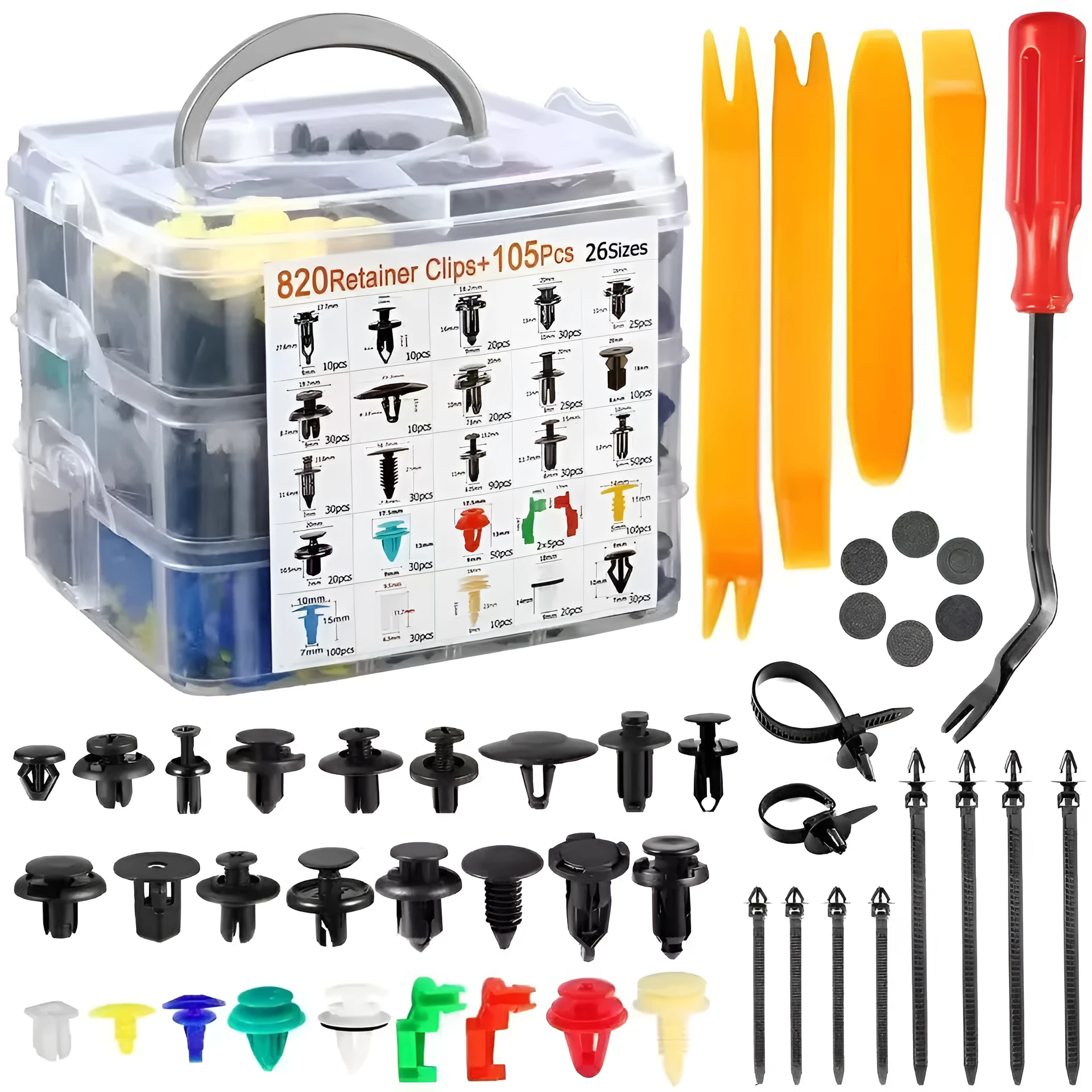 925-piece boxed set of universal car body fasteners including 26 kinds of nylon plastic clips, rivets, and fender screws with 105 tools