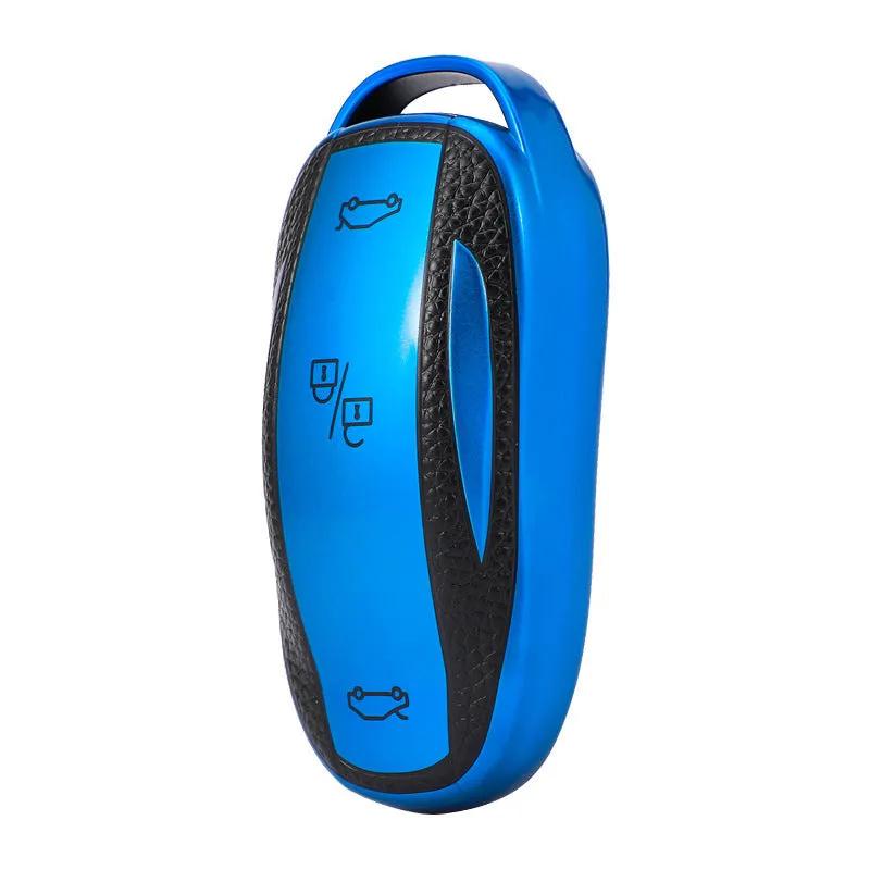 TPU key case with leather pattern finish and carabiner clip in four colour options: red, blue, silver, green