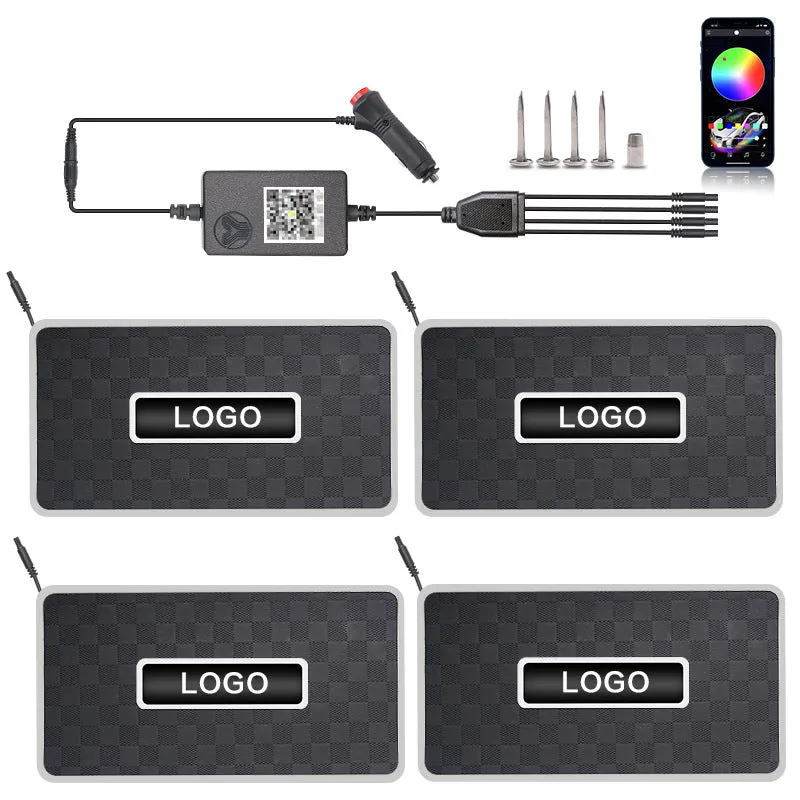 Car foot mat ambient light with Bluetooth RGB and acrylic leather panel showing plaid pattern