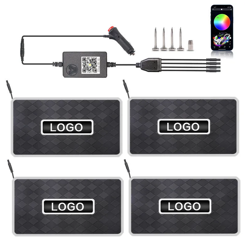 Car foot mat ambient light with Bluetooth RGB and acrylic leather panel showing plaid pattern
