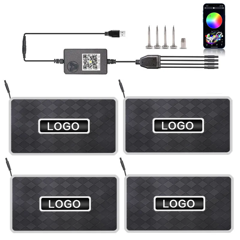 Car foot mat ambient light with Bluetooth RGB and acrylic leather panel showing plaid pattern