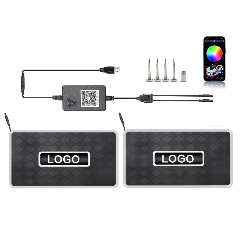 Car foot mat ambient light with Bluetooth RGB and acrylic leather panel showing plaid pattern