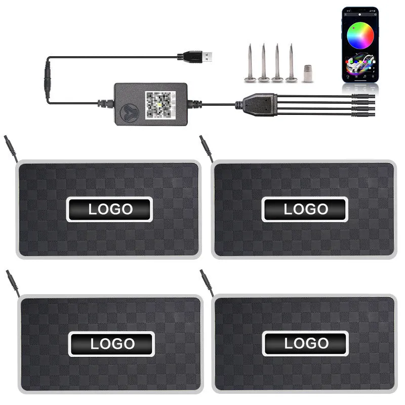 Car foot mat ambient light with Bluetooth RGB and acrylic leather panel showing plaid pattern