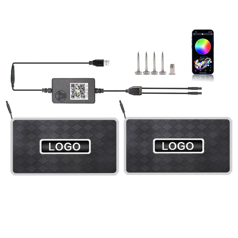 Car foot mat ambient light with Bluetooth RGB and acrylic leather panel showing plaid pattern