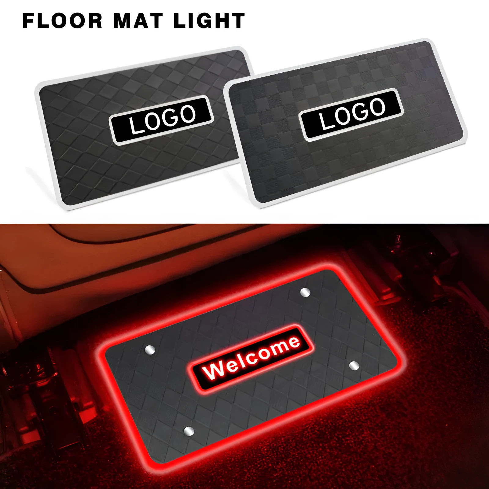 Car foot mat ambient light with Bluetooth RGB and acrylic leather panel showing plaid pattern