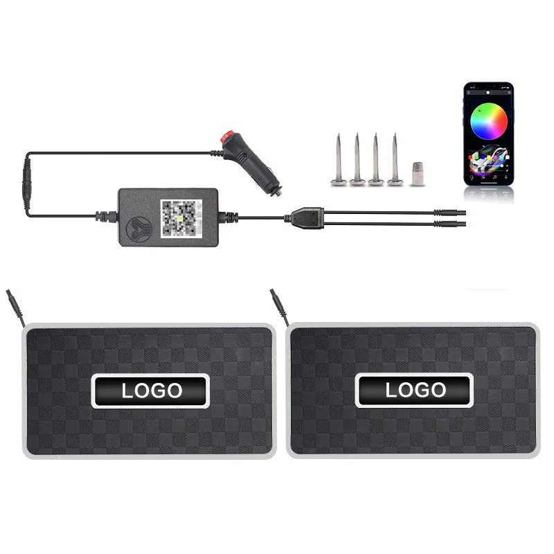 Car foot mat ambient light with Bluetooth RGB and acrylic leather panel showing plaid pattern