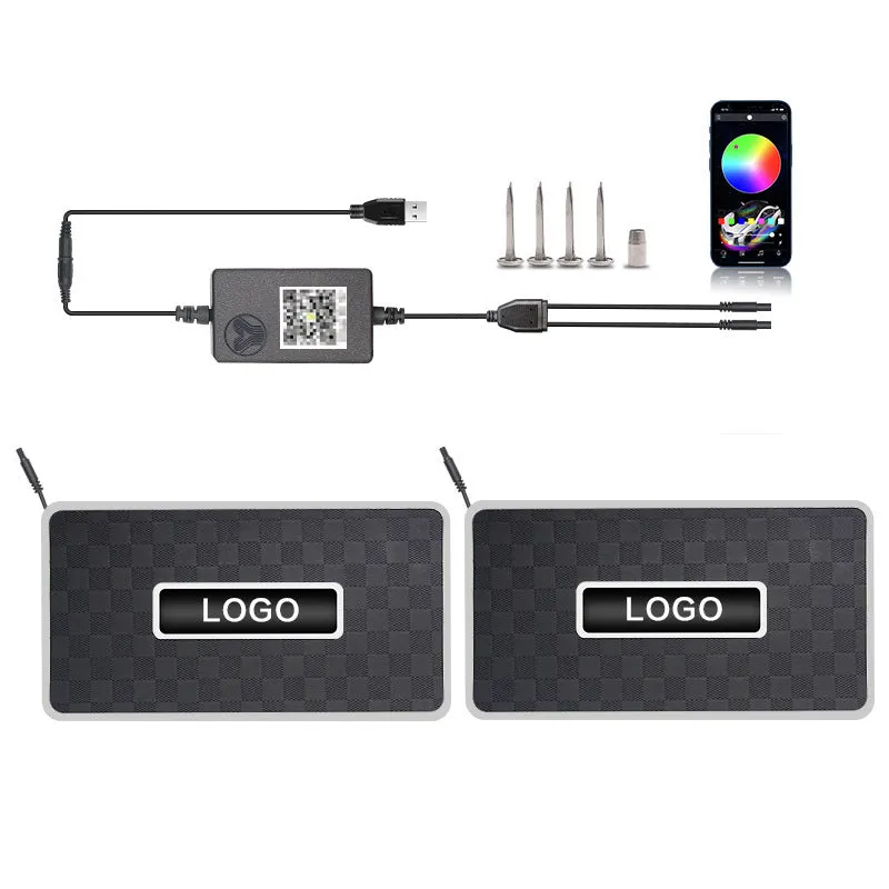Car foot mat ambient light with Bluetooth RGB and acrylic leather panel showing plaid pattern