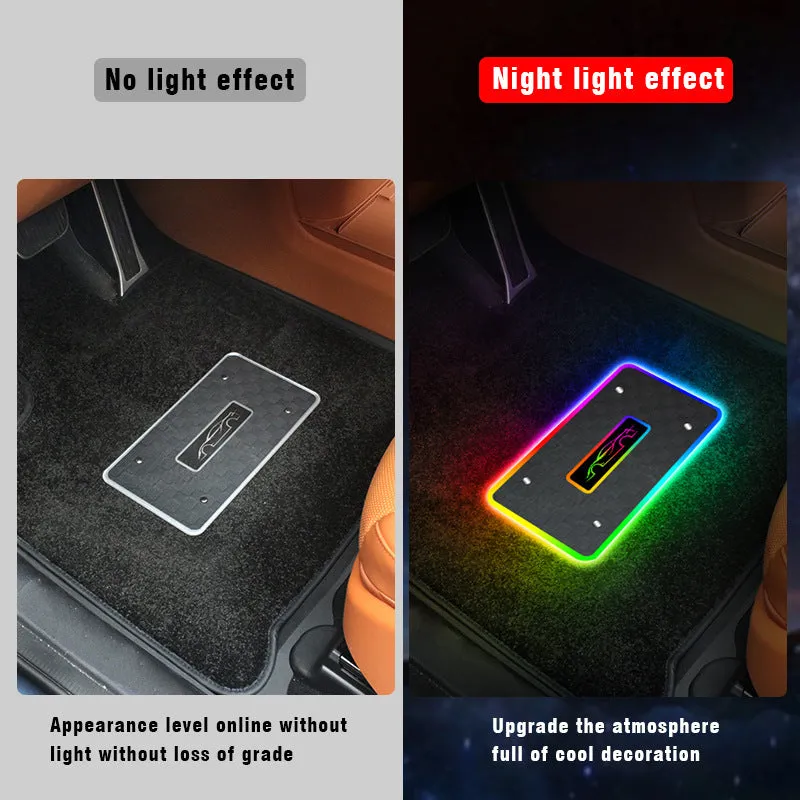 Car foot mat ambient light with Bluetooth RGB and acrylic leather panel showing plaid pattern