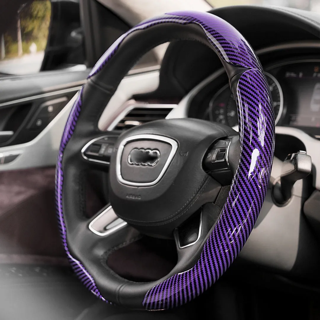 Sweat-absorbent suede steering wheel cover with carbon fibre pattern for 38cm or 40cm wheels in business style
