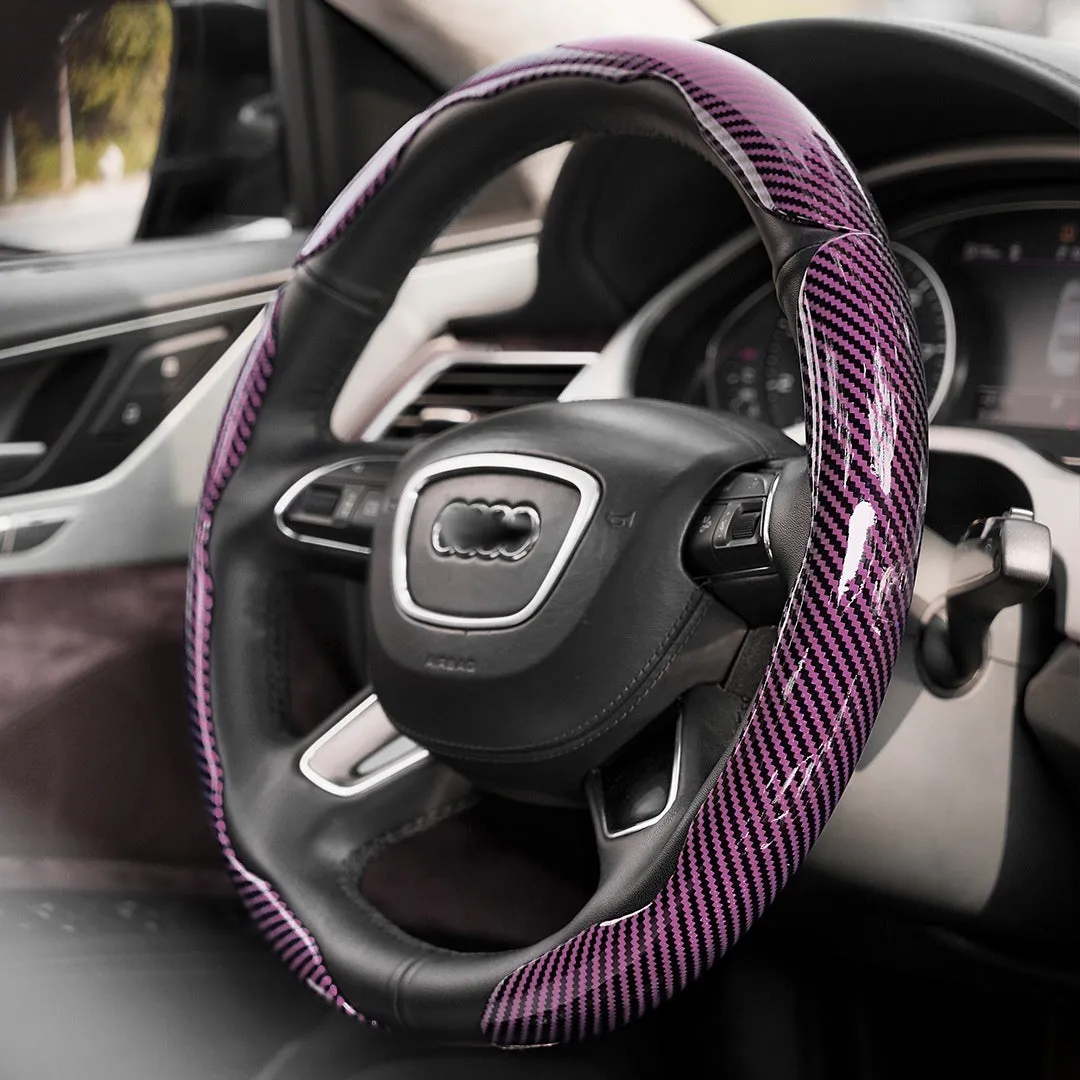Sweat-absorbent suede steering wheel cover with carbon fibre pattern for 38cm or 40cm wheels in business style