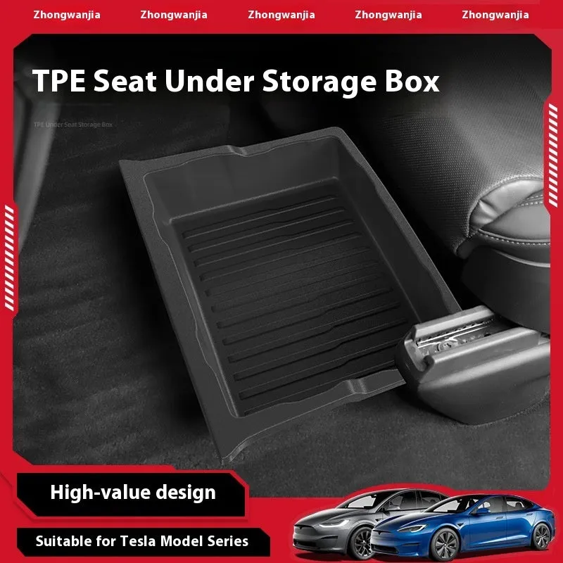 Black TPE under-chair storage box for Model Y with push-pull lid