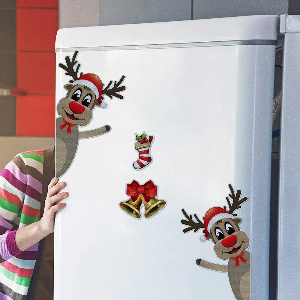 Set of magnetic Christmas stickers with a luminous reflective cartoon elk bell design on a synthetic resin background.