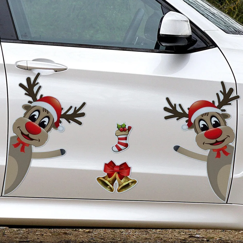 Set of magnetic Christmas stickers with a luminous reflective cartoon elk bell design on a synthetic resin background.