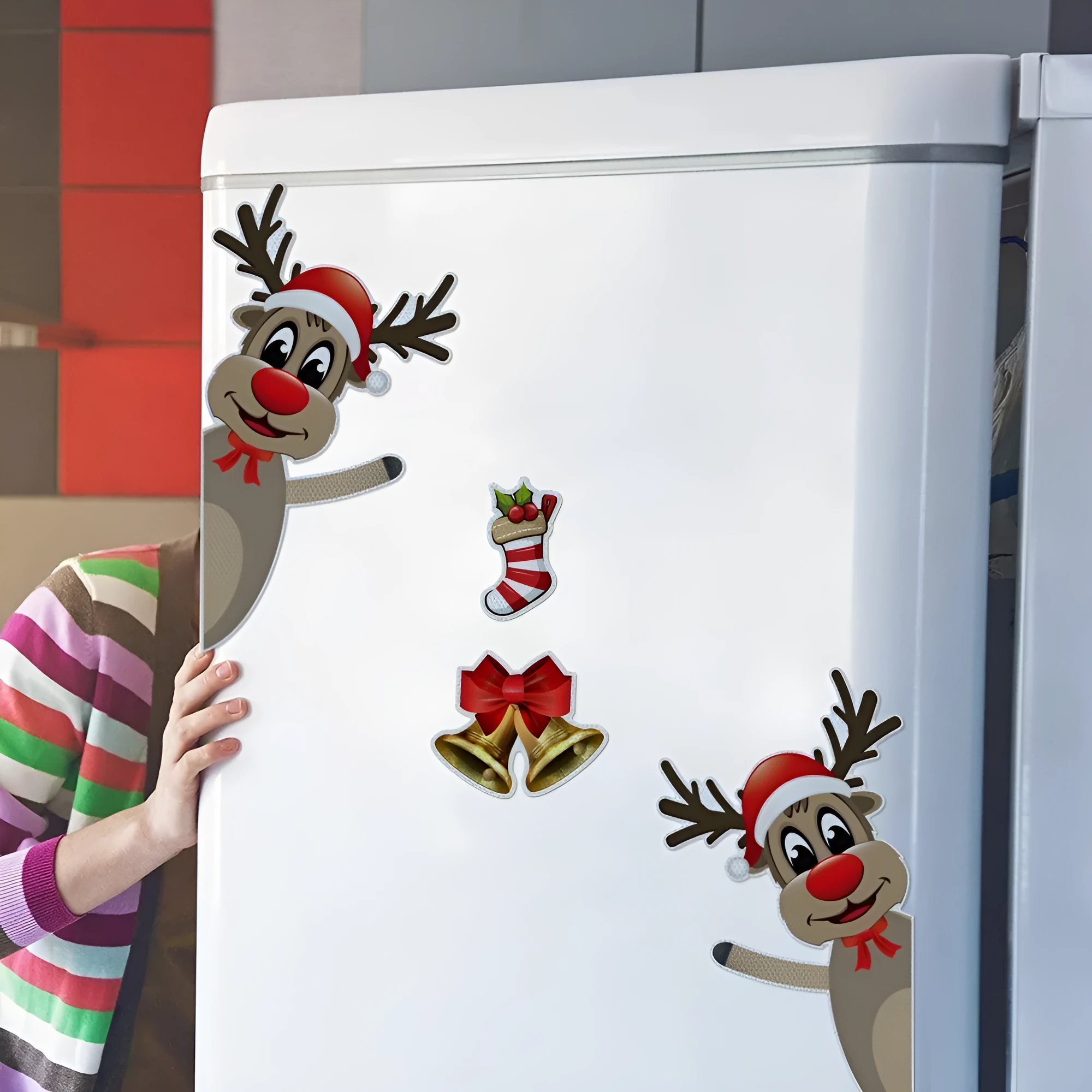 Set of magnetic Christmas stickers with a luminous reflective cartoon elk bell design on a synthetic resin background.
