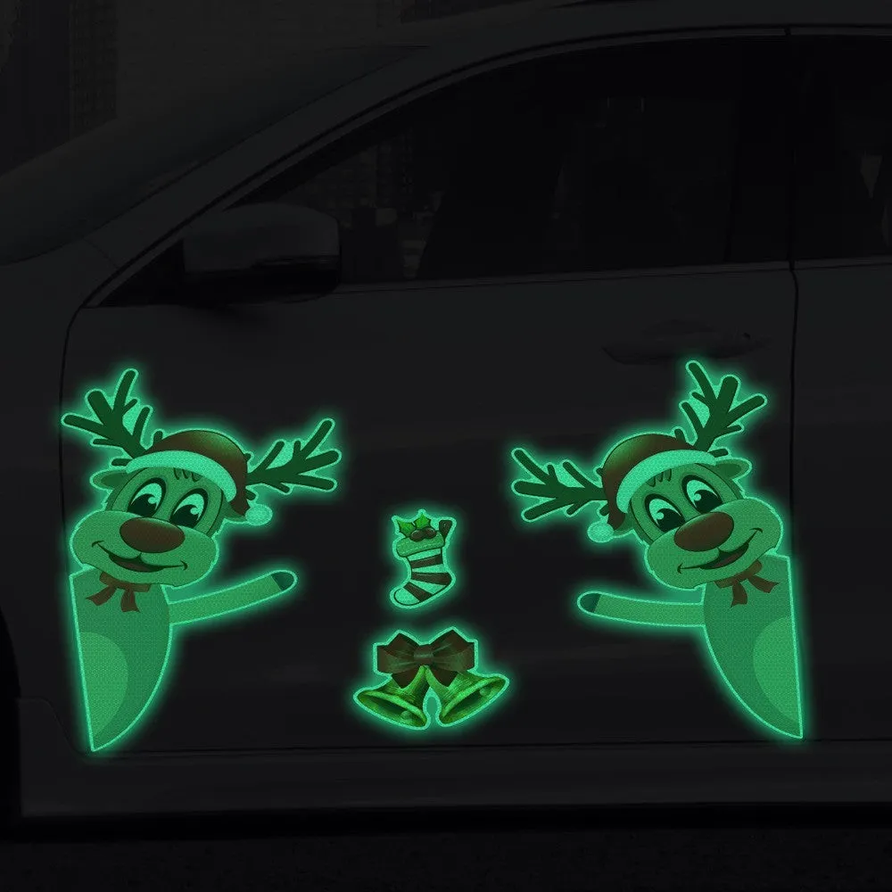 Set of magnetic Christmas stickers with a luminous reflective cartoon elk bell design on a synthetic resin background.
