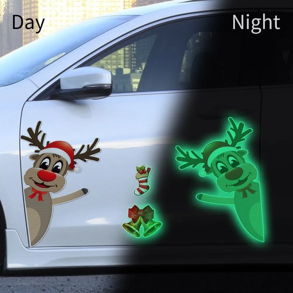 Set of magnetic Christmas stickers with a luminous reflective cartoon elk bell design on a synthetic resin background.