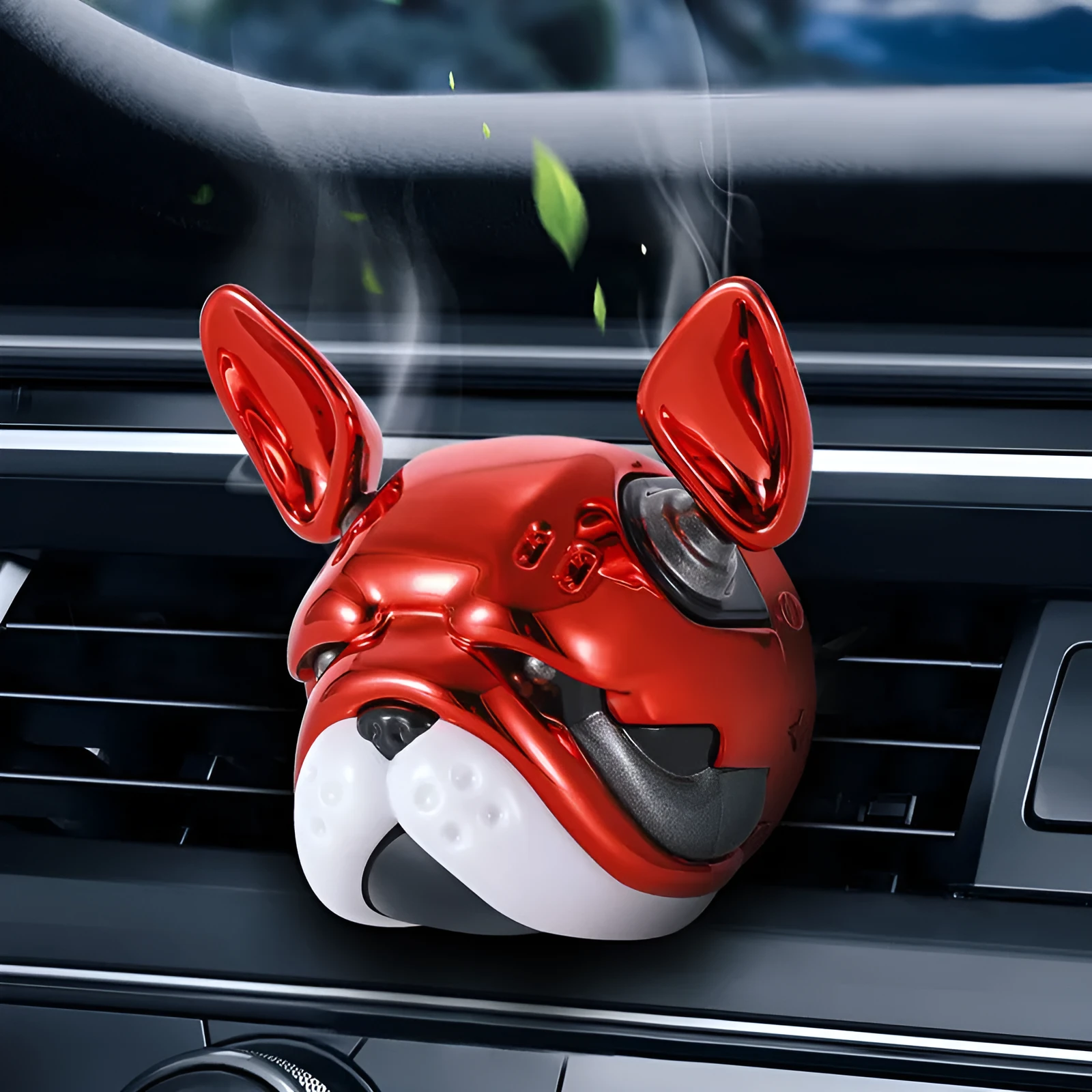 Car vent aromatherapy ornament with Gulong Ocean fragrance in red colour, clipped to a car vent, with balm refills.