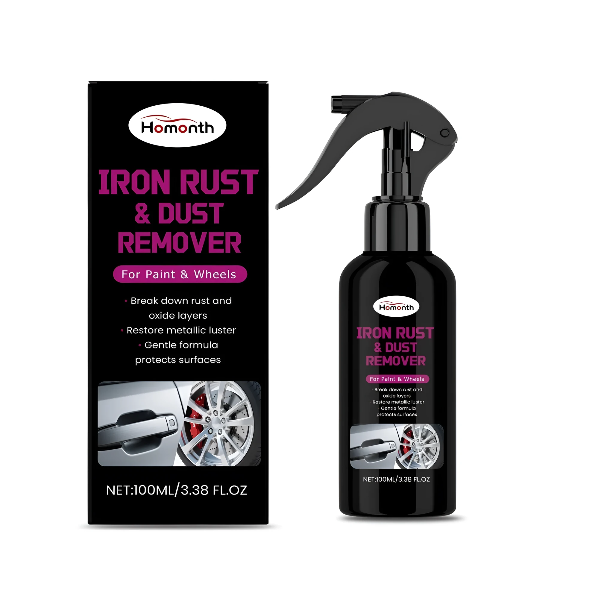 Automobile hub rust removal spray bottle with citric acid formula for wheel maintenance