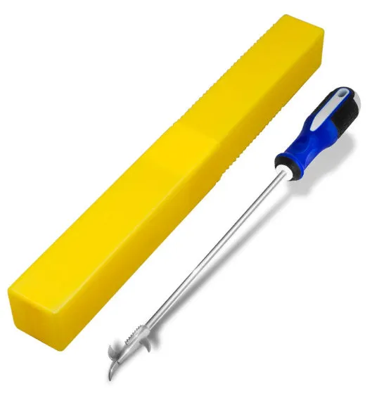 Portable alloy tyre cleaning tool set with built-in Phillips screwdriver and stone artifact, long style, on a white background.