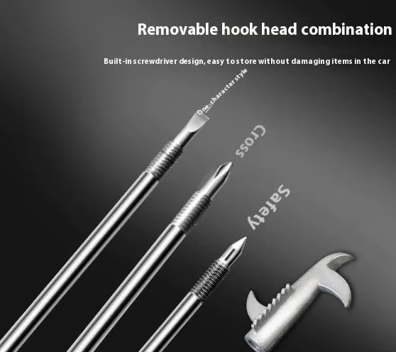 Portable alloy tyre cleaning tool set with built-in Phillips screwdriver and stone artifact, long style, on a white background.