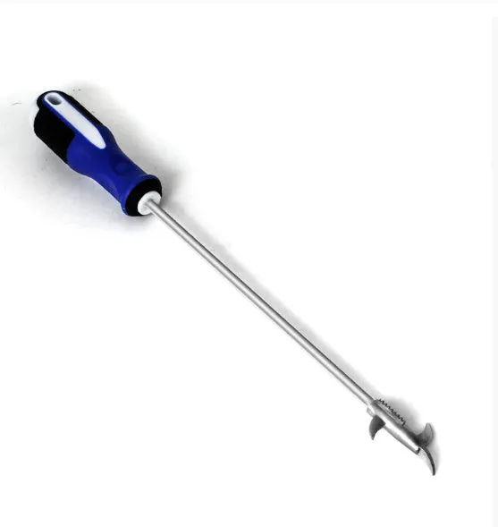 Portable alloy tyre cleaning tool set with built-in Phillips screwdriver and stone artifact, long style, on a white background.