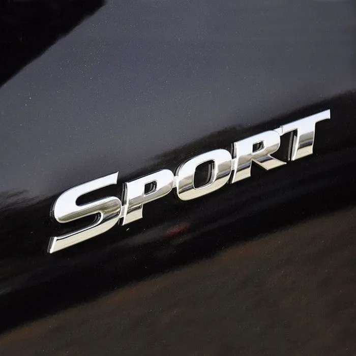 Sport tail sticker in silver electroplated finish, ABS material, 11.3cm length