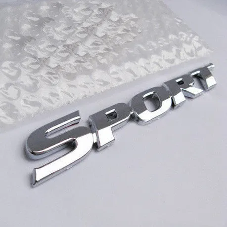 Sport tail sticker in silver electroplated finish, ABS material, 11.3cm length