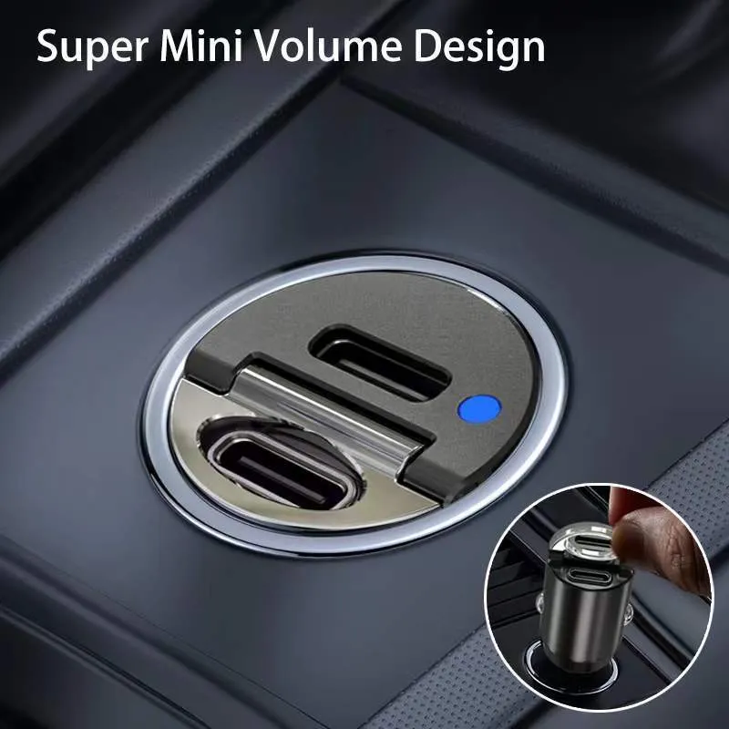 Small black zinc alloy 30W USB-C car charger for cigarette lighter socket with PD and QC fast charging.