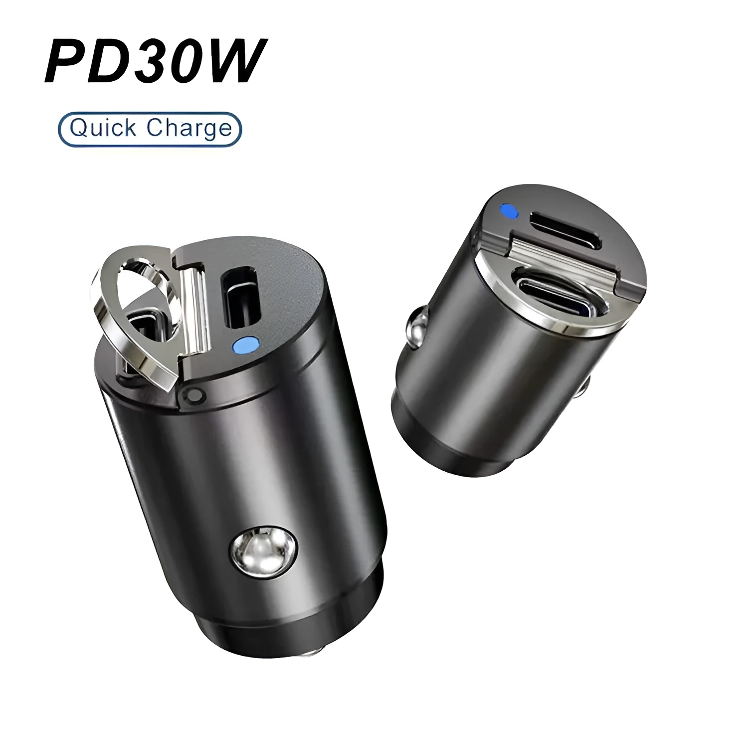 Small black zinc alloy 30W USB-C car charger for cigarette lighter socket with PD and QC fast charging.