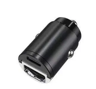Small black zinc alloy 30W USB-C car charger for cigarette lighter socket with PD and QC fast charging.