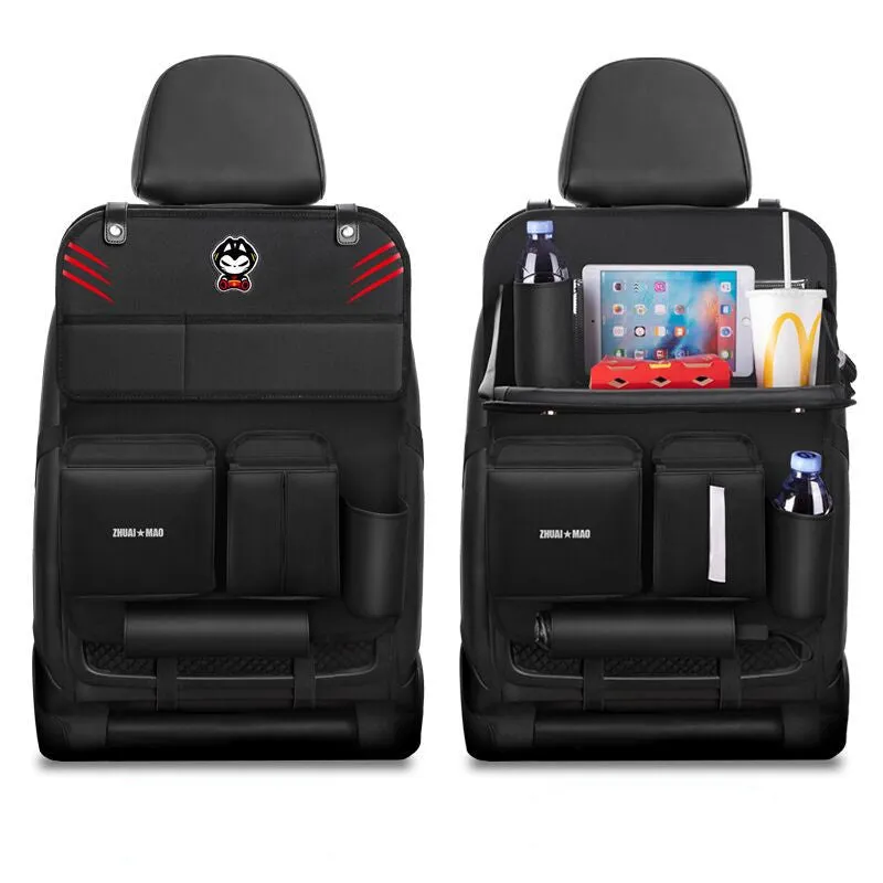 Pull Cat car seat back hanging storage bag in Oxford cloth and leather, 59x42cm, with dining table and tissue box option