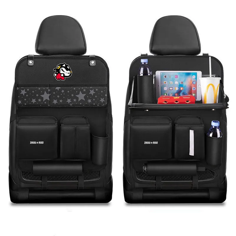 Pull Cat car seat back hanging storage bag in Oxford cloth and leather, 59x42cm, with dining table and tissue box option