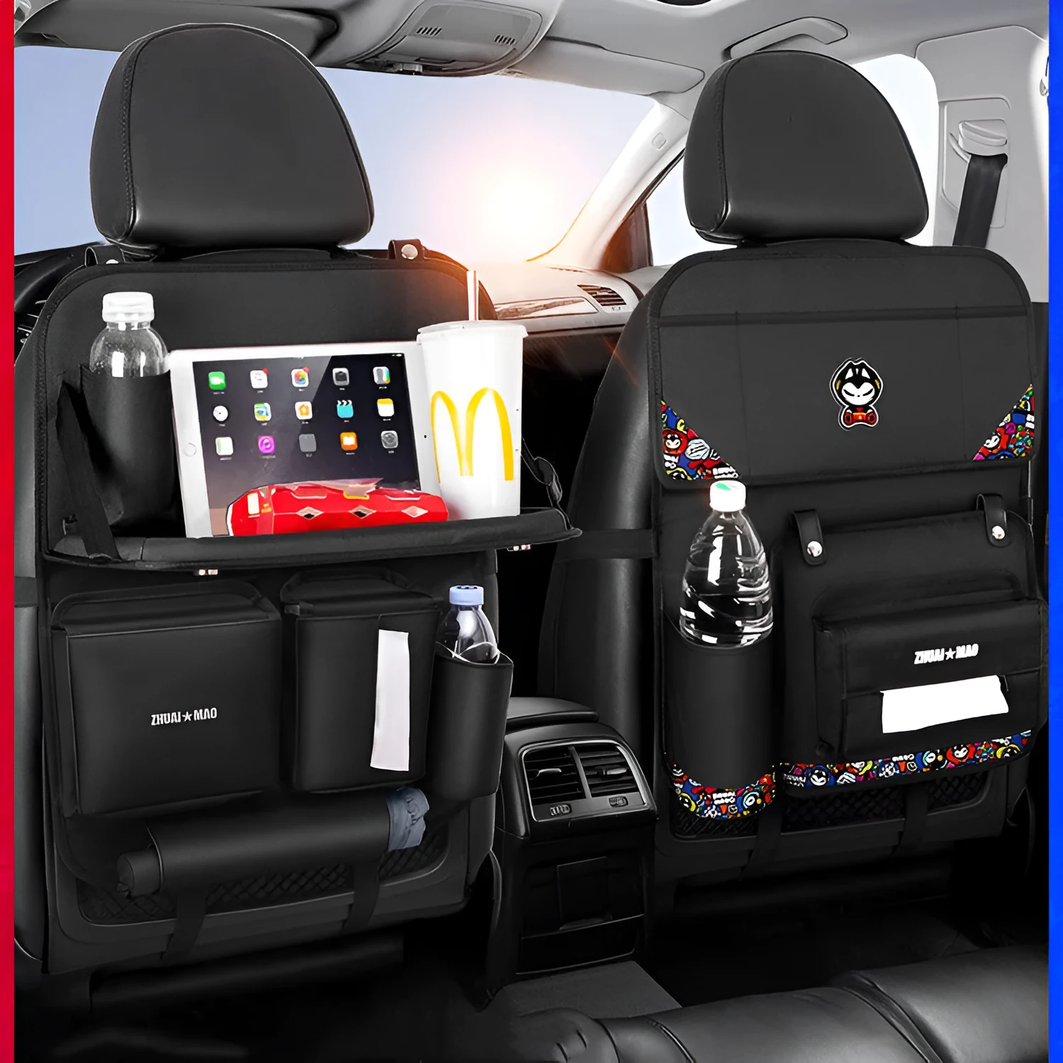 Pull Cat car seat back hanging storage bag in Oxford cloth and leather, 59x42cm, with dining table and tissue box option
