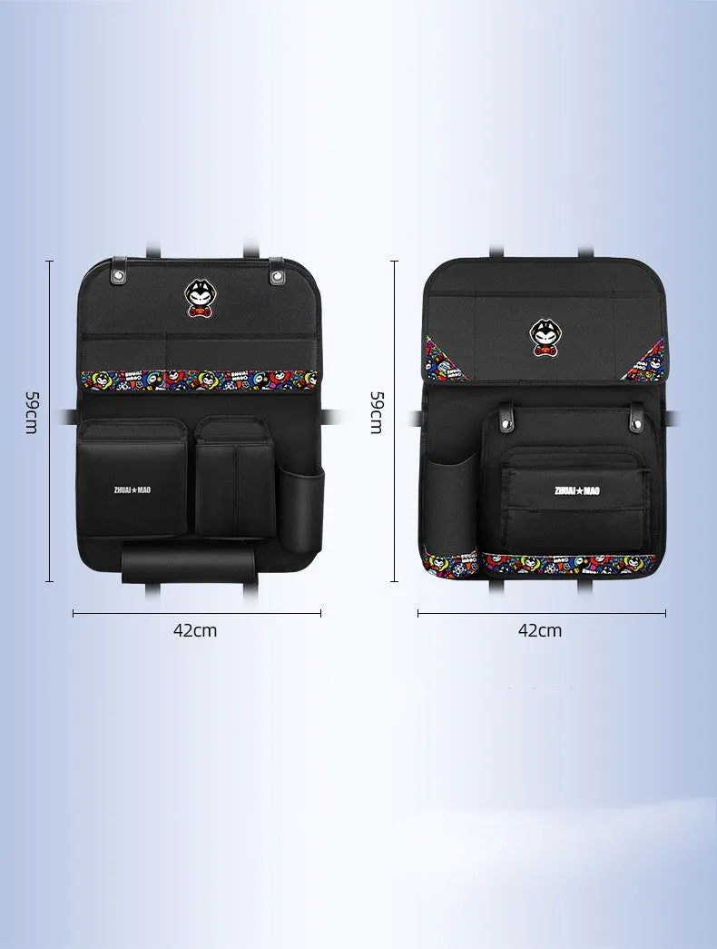 Pull Cat car seat back hanging storage bag in Oxford cloth and leather, 59x42cm, with dining table and tissue box option