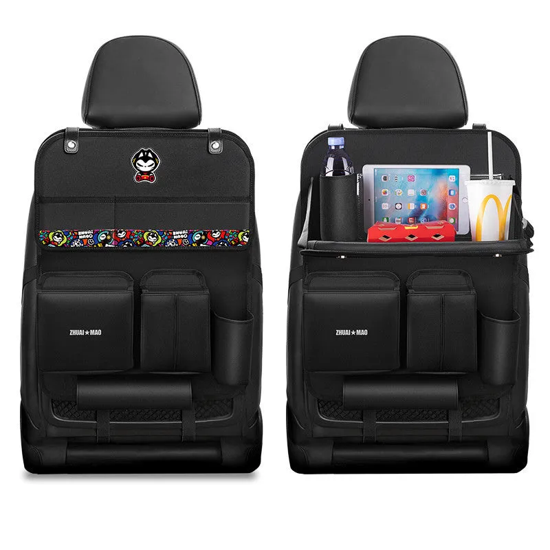 Pull Cat car seat back hanging storage bag in Oxford cloth and leather, 59x42cm, with dining table and tissue box option