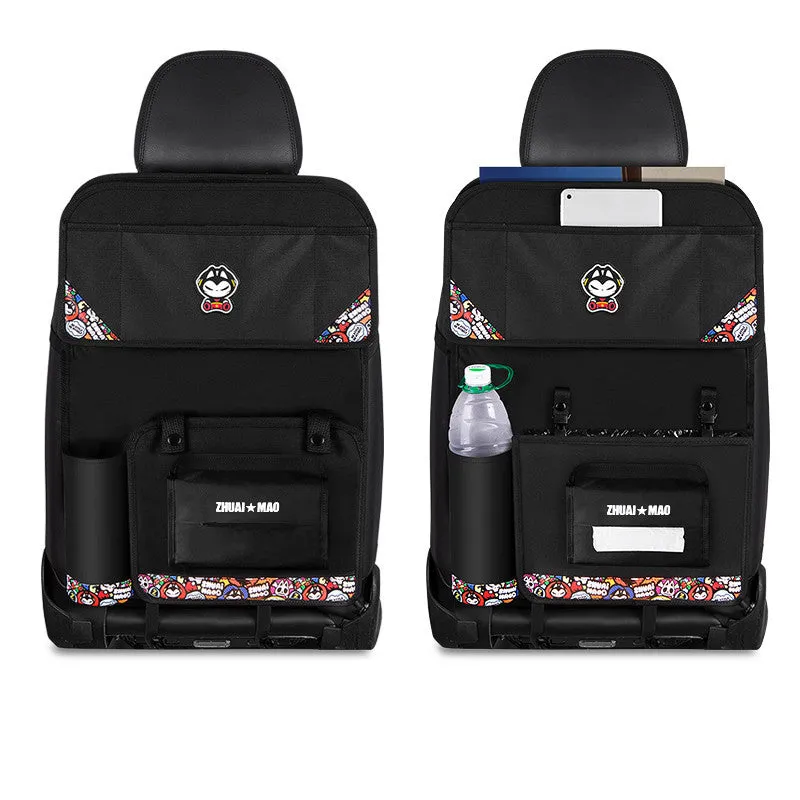 Pull Cat car seat back hanging storage bag in Oxford cloth and leather, 59x42cm, with dining table and tissue box option