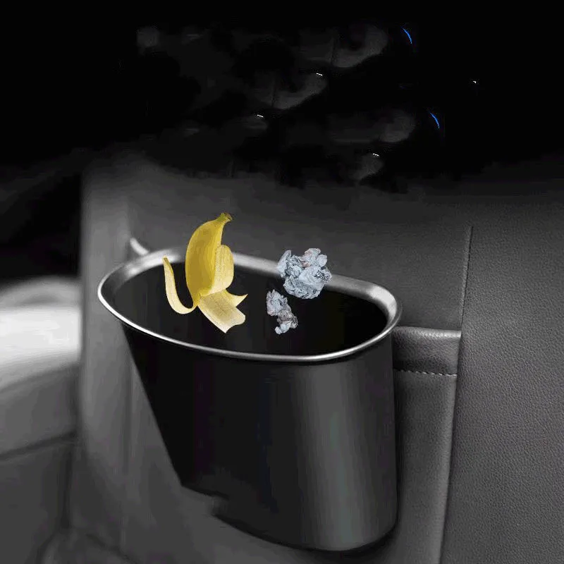Universal hanging car storage bucket in black for vehicle interior waste disposal