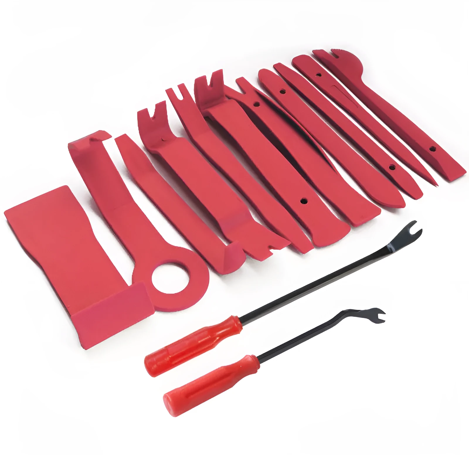 Car interior door panel repair tool set with red nylon pry wedges