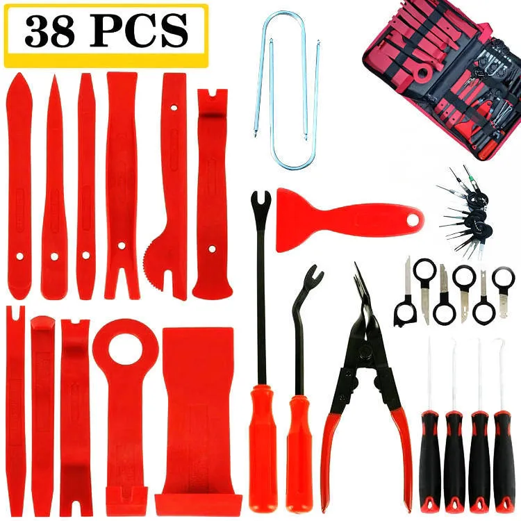 Car interior door panel repair tool set with red nylon pry wedges