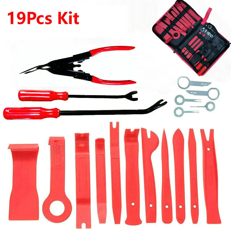 Car interior door panel repair tool set with red nylon pry wedges
